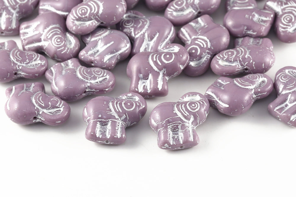 Elephant 20×21 mm Amethyst With White 1-Hole Czech Beads