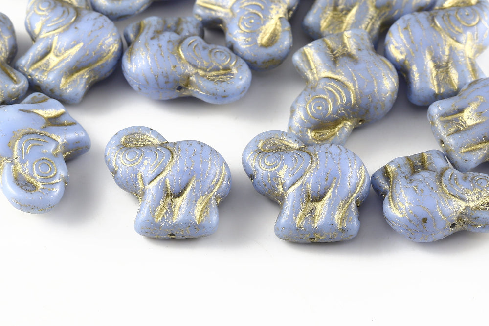 Elephant 20×21 mm Opaque Lt.Sapphire With Gold 1-Hole Czech Beads
