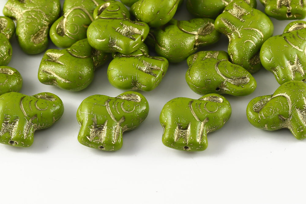 Elephant 20×21 mm Opaque Green With Gold 1-Hole Czech Beads