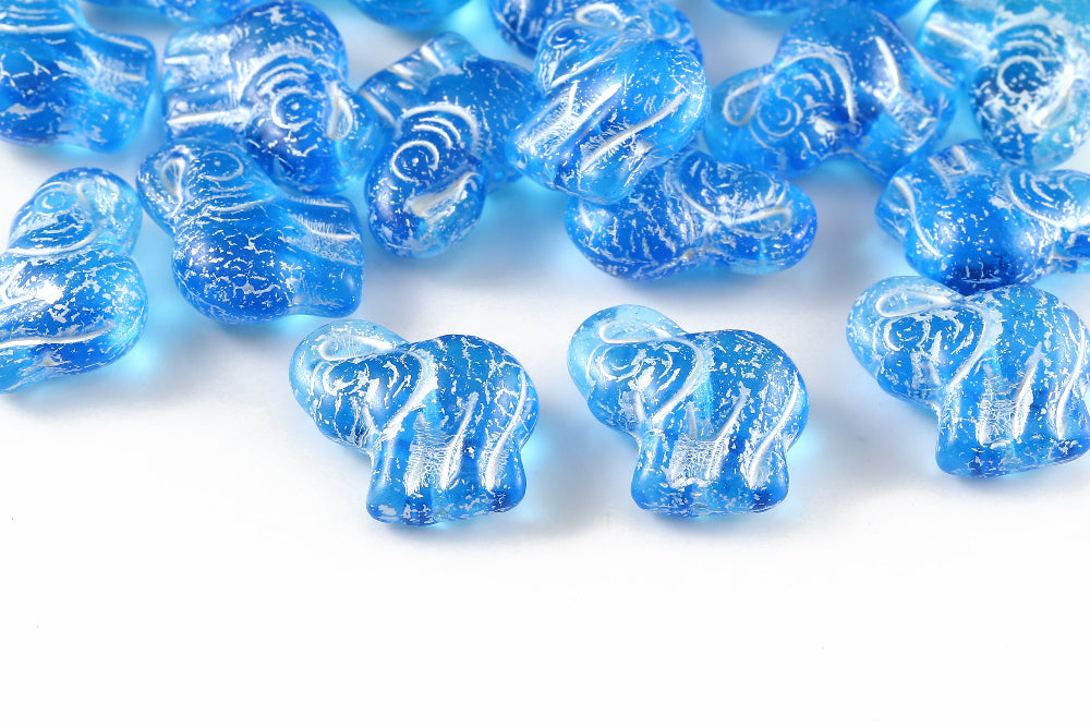 Elephant 20×21 mm Aquamarine Dark With White 1-Hole Czech Beads
