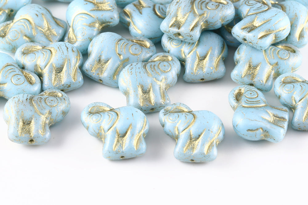 Elephant 20×21 mm Opaque Aquamarine With Gold 1-Hole Czech Beads