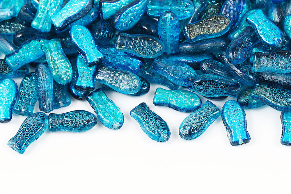 Fish 14×7mm Summer Rainbow Blue 1-Hole Czech Beads