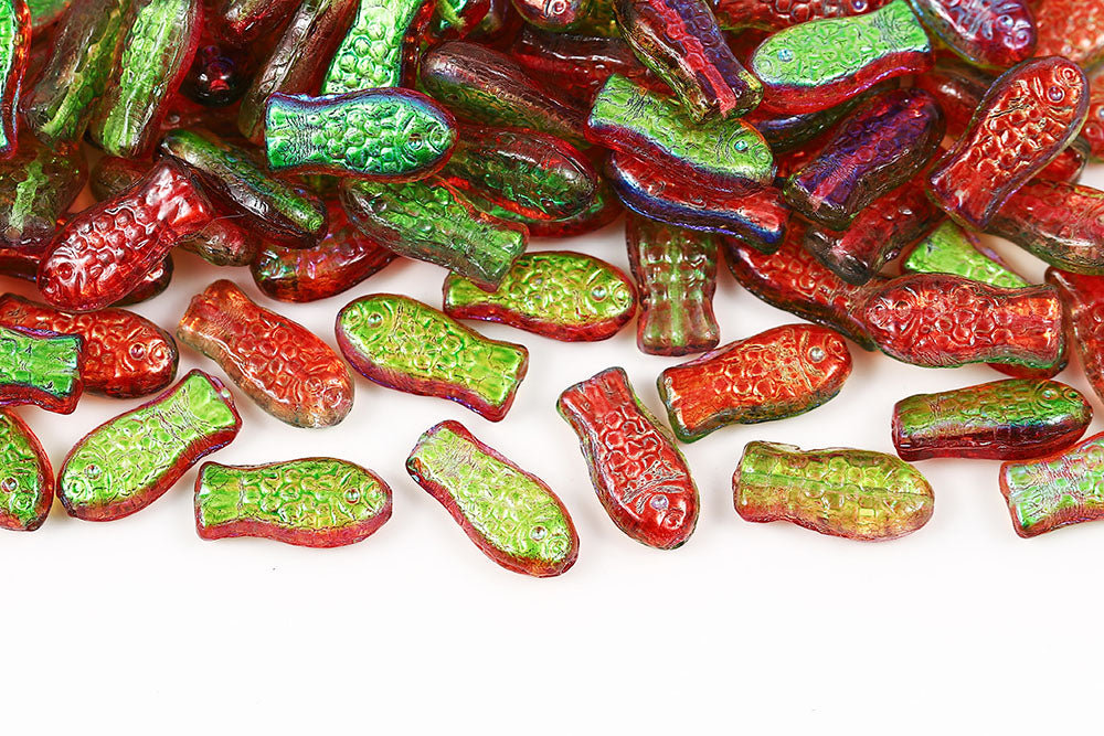 Fish 14×7mm Summer Rainbow Red Green 1-Hole Czech Beads