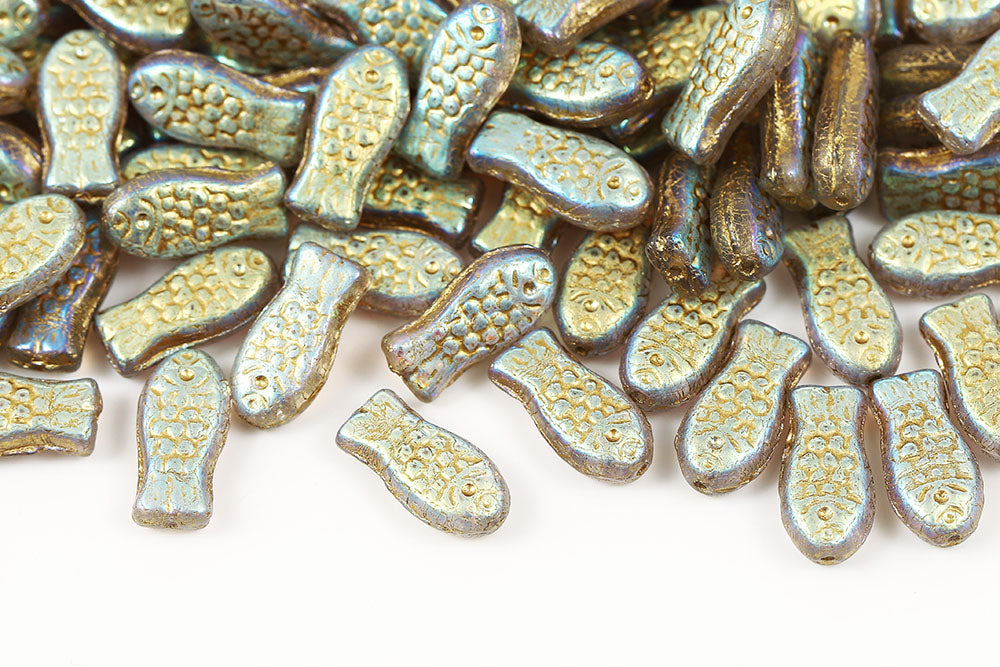 Fish 14×7mm Crystal AB With Gold 1-Hole Czech Beads