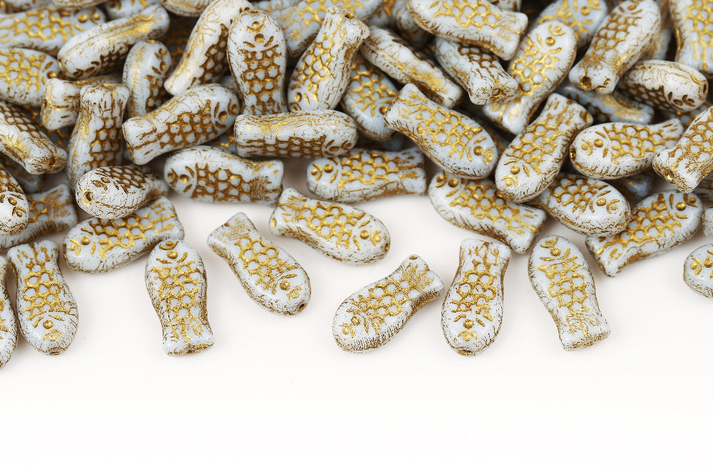 Fish 14×7mm Alabaster With Gold 1-Hole Czech Beads