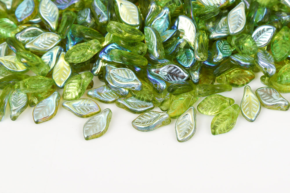 Bay Leaf 12×6mm Crystal Green AB 1-Hole Czech Beads