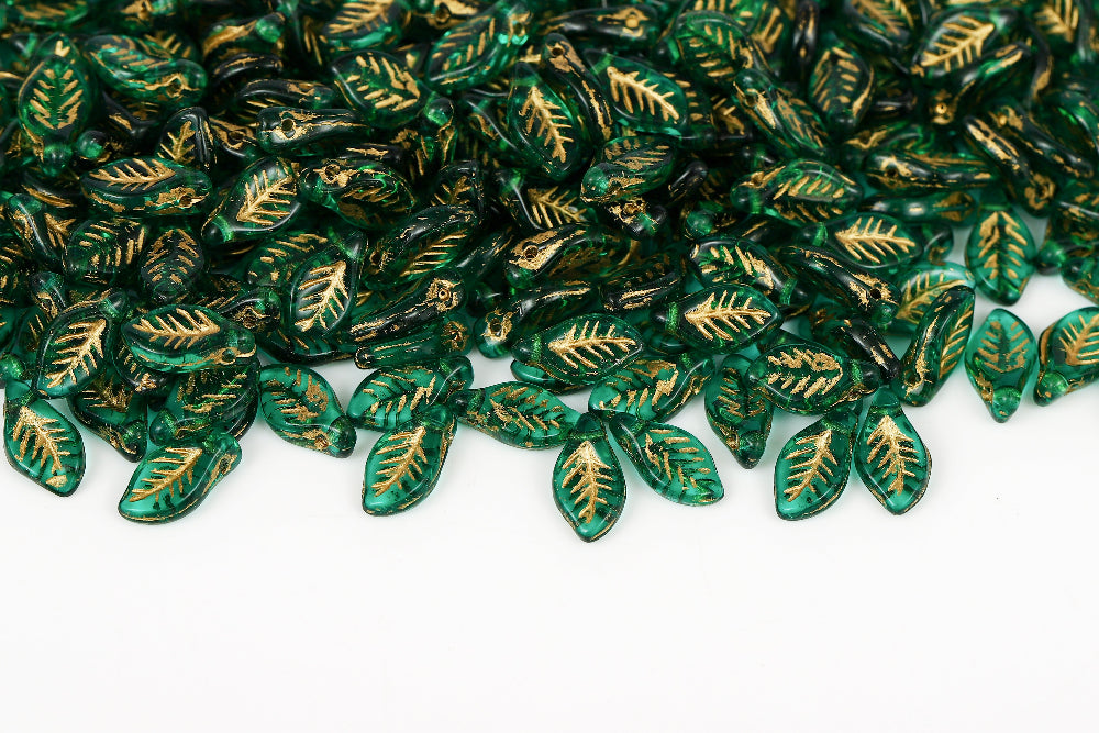 Bay Leaf 12×6mm Crystal Green Drak With Gold 1-Hole Czech Beads
