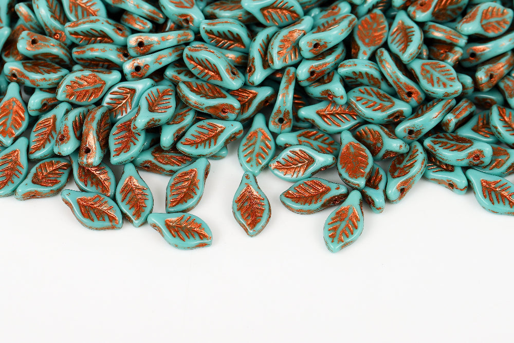 Bay Leaf 12×6mm Opaque Turquoise Green With Copper 1-Hole Czech Beads