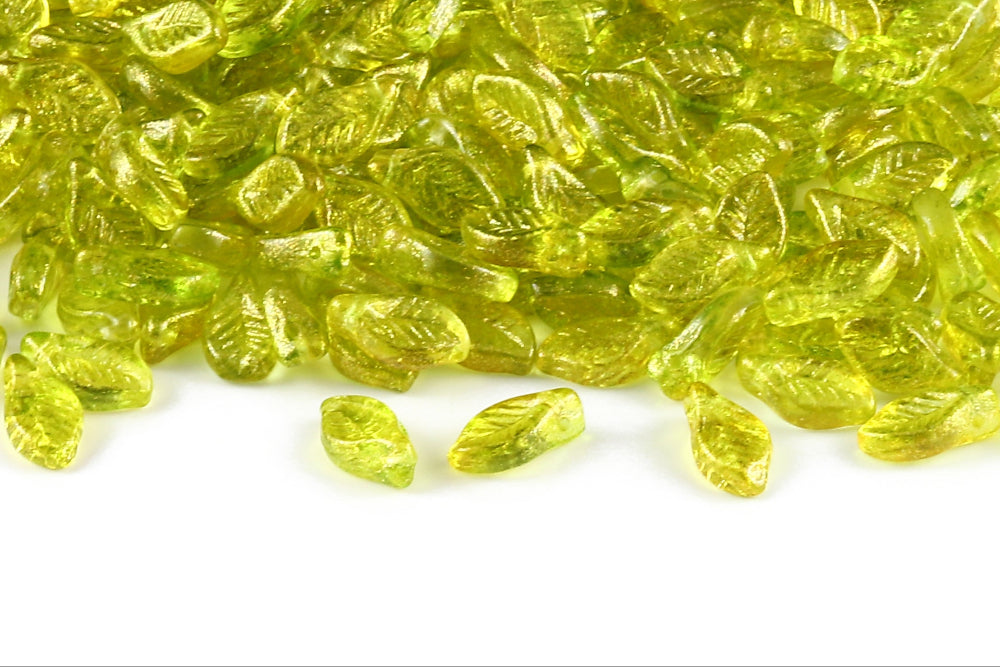 Bay Leaf 12×6mm Crystal Green Sparkling Yellow 1-Hole Czech Beads