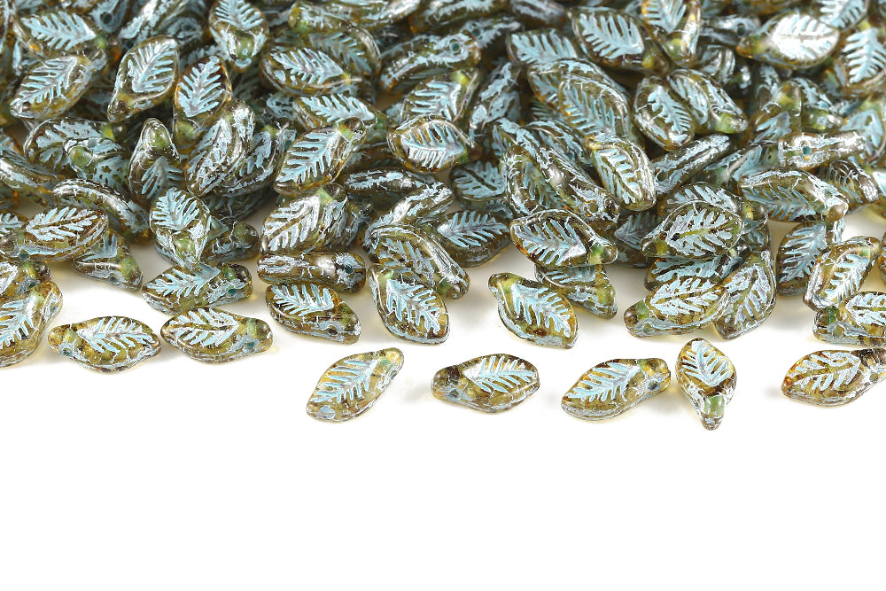 Bay Leaf 12×6mm Crystal Travertin With Blue 1-Hole Czech Beads