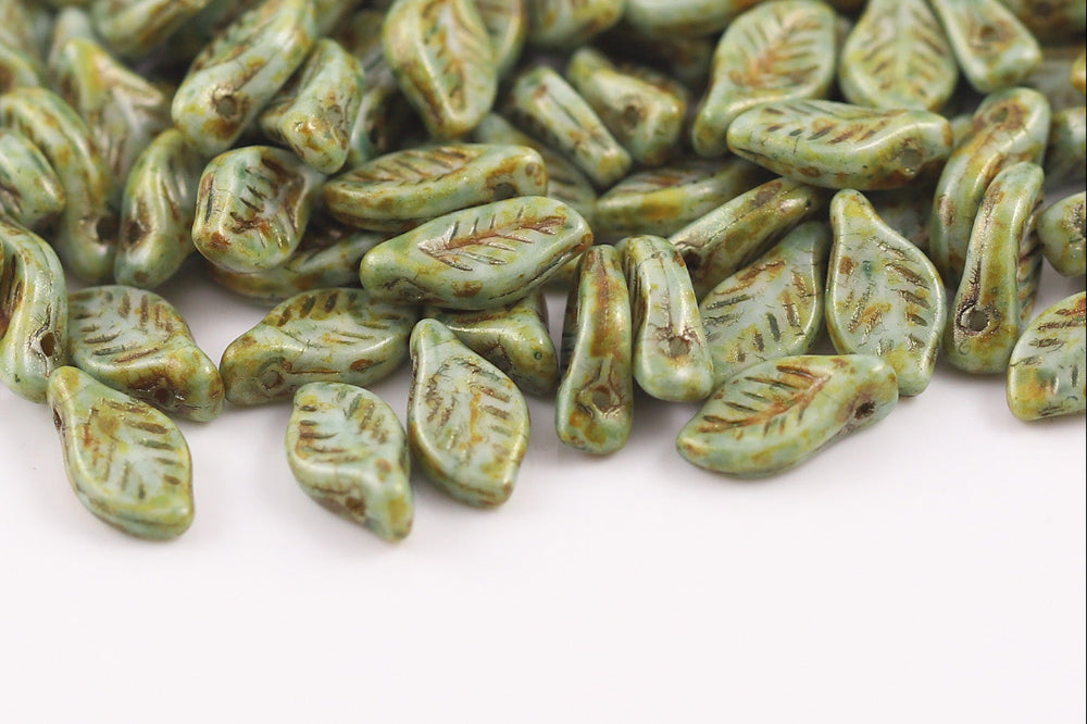 Bay Leaf 12×6mm Alabaster Green Marble 1-Hole Czech Beads