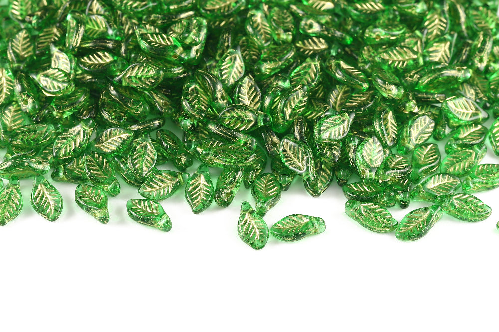 Bay Leaf 12×6mm Crystal Green With Gold 1-Hole Czech Beads