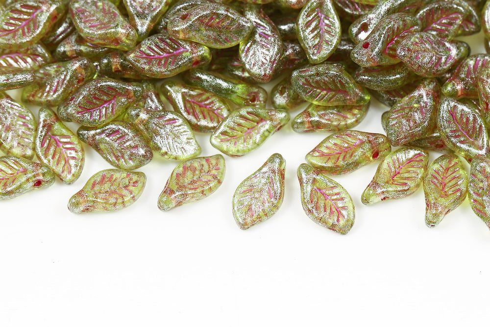 Bay Leaf 12×6mm Crystal Green With Fuchsia Silver 1-Hole Czech Beads
