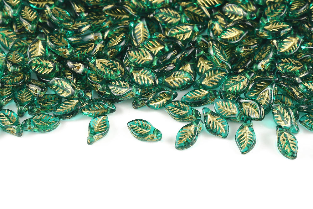 Bay Leaf 12×6mm Emerald With Gold 1-Hole Czech Beads
