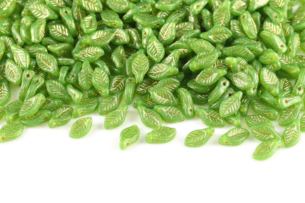 Bay Leaf 12×6mm Opal Green With Gold 1-Hole Czech Beads