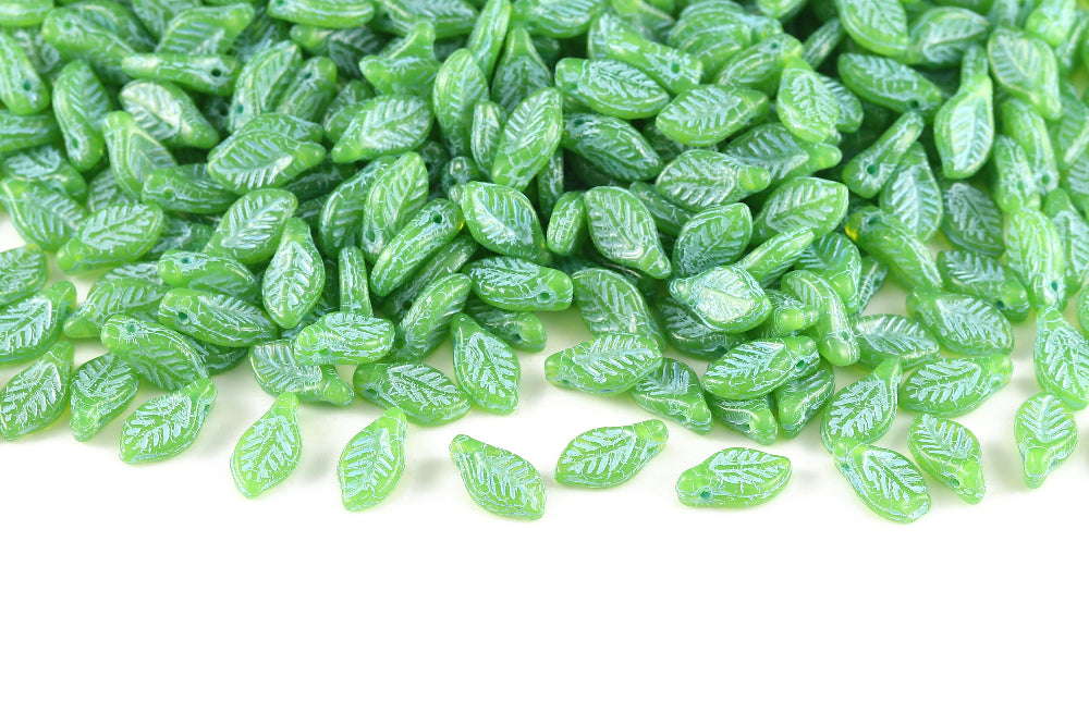 Bay Leaf 12×6mm Opal Green With Blue 1-Hole Czech Beads