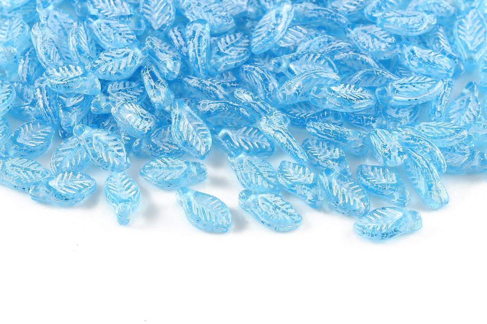 Bay Leaf 12×6mm Aquamarine With White 1-Hole Czech Beads