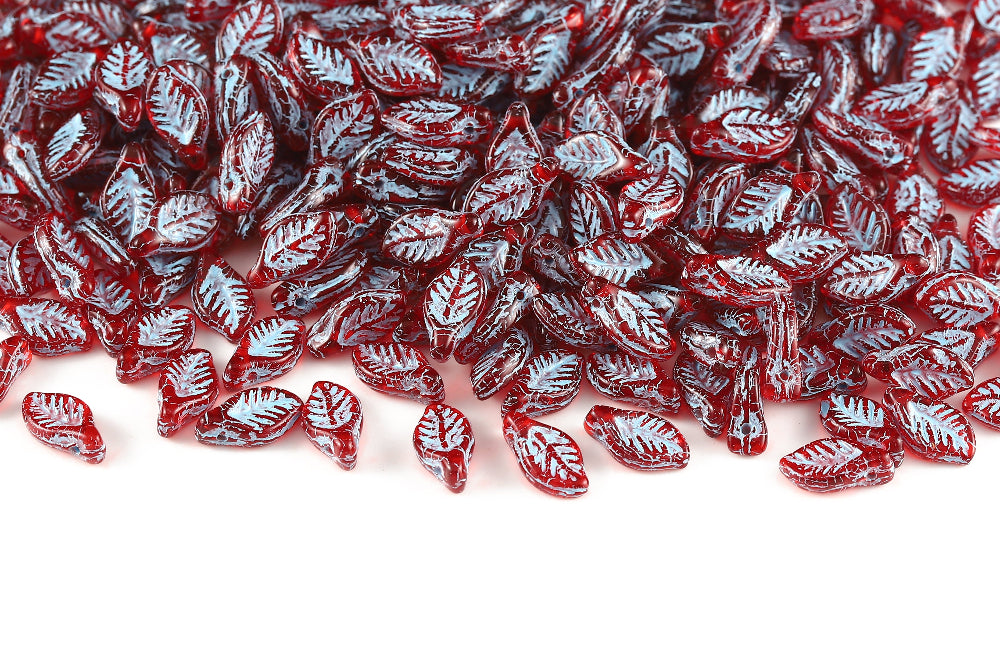 Bay Leaf 12×6mm Ruby With Blue 1-Hole Czech Beads