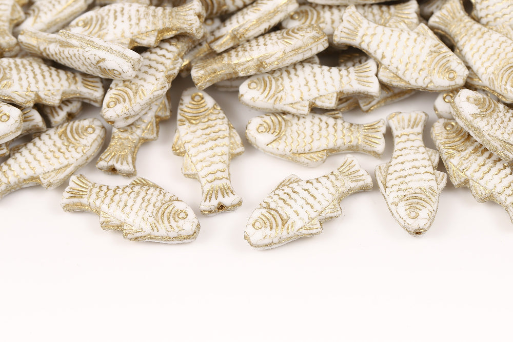 Trout 24×10mm Alabaster With Gold 1-Hole Czech Beads