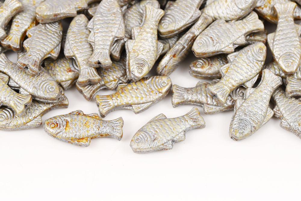 Trout 24×10mm Alabaster Marble With Silver 1-Hole Czech Beads