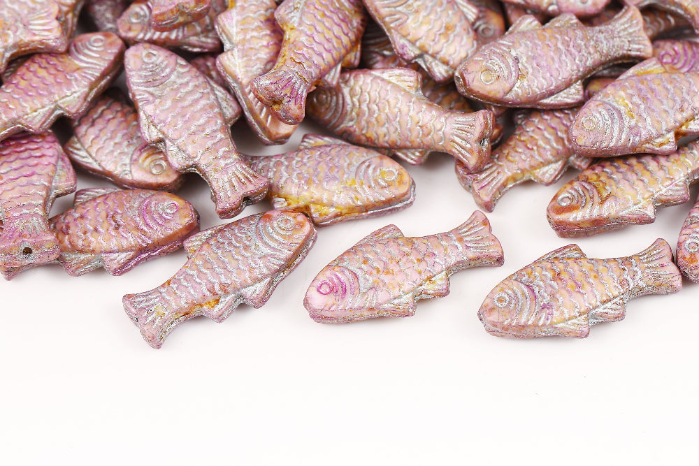 Trout 24×10mm Alabaster Pink Marble With Silver 1-Hole Czech Beads