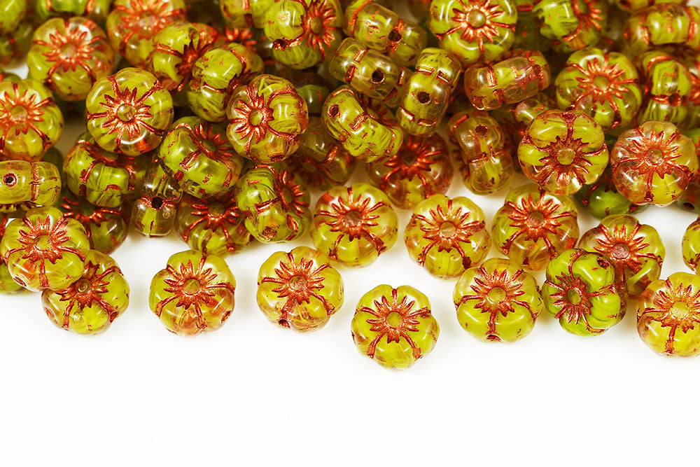 Hawaiian Flowers 8mm Yellow Green Mixed With Copper 1-Hole Czech Beads
