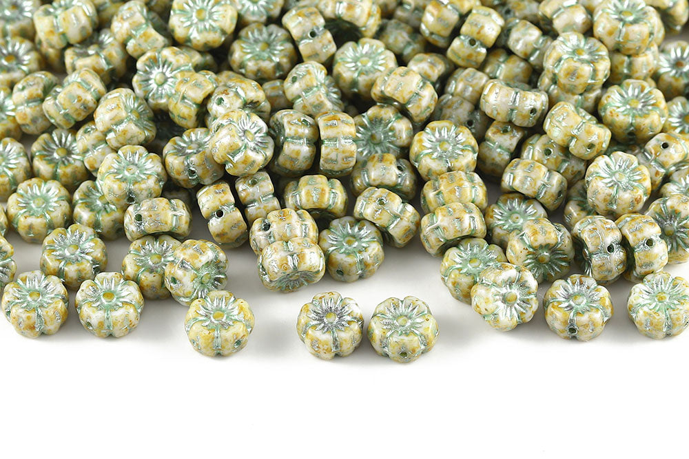 Hawaiian Flowers 8mm Chalk Travertine With Green 1-Hole Czech Beads