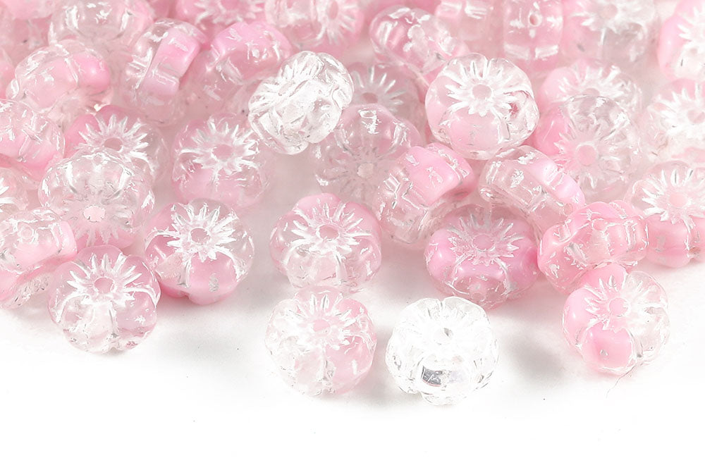 Hawaiian Flowers 8mm Crystal Pink With White 1-Hole Czech Beads