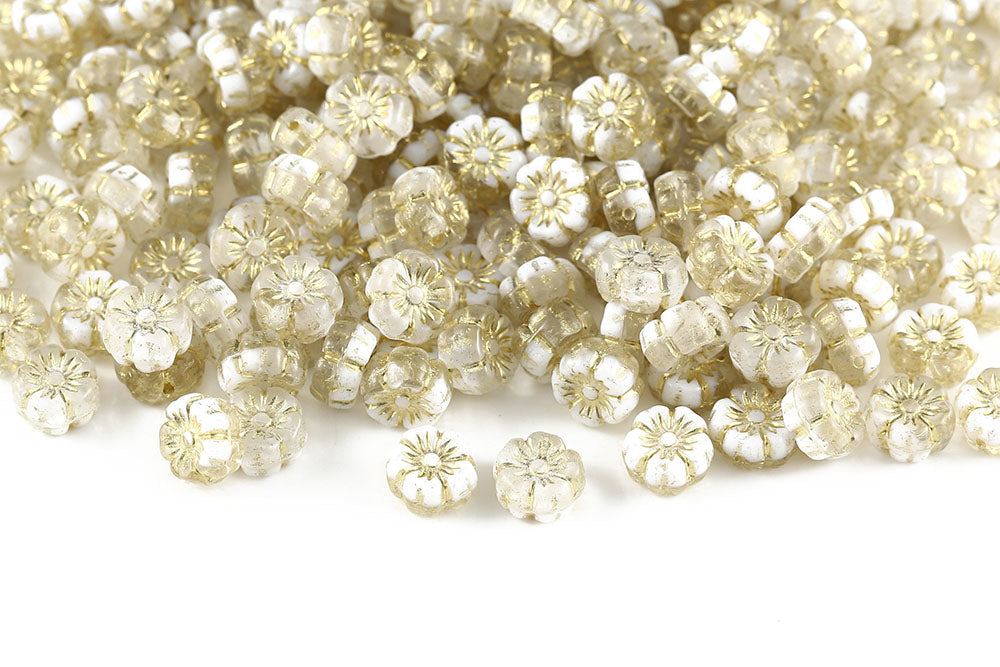 Hawaiian Flowers 8mm White Mixed With Gold 1-Hole Czech Beads
