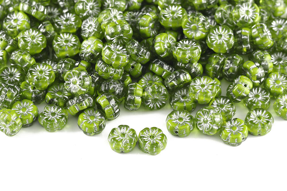 Hawaiian Flowers 8mm Green Mixed With Silver 1-Hole Czech Beads