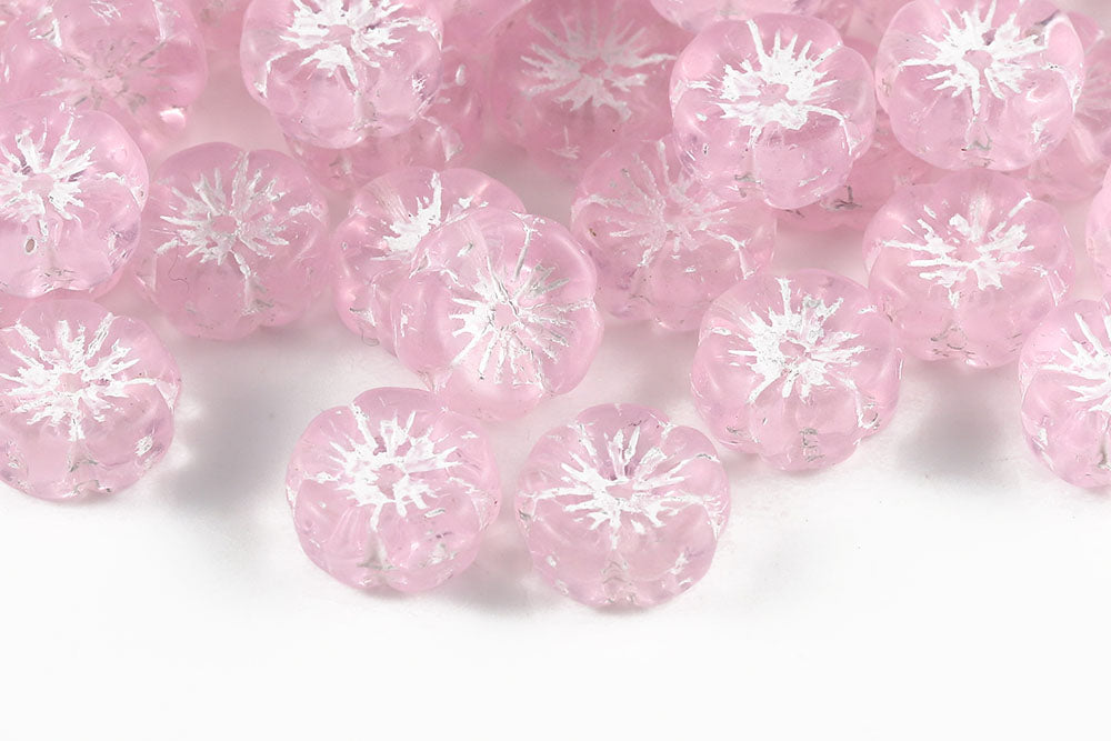 Hawaiian Flowers 14mm Lt.Pink With White 1-Hole Czech Beads