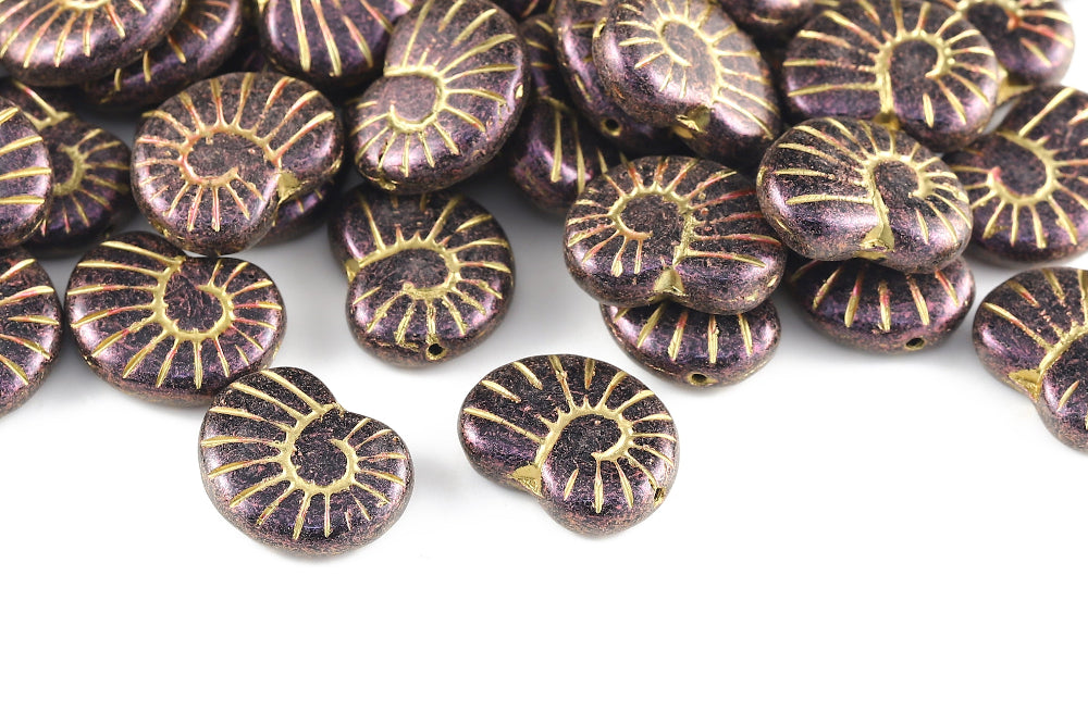 Nautilus 17×13mm Jet Travertin Lt.Purple Glitter With Gold 1-Hole Czech Beads
