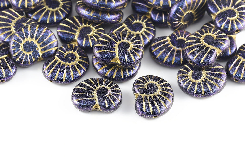 Nautilus 17×13mm Jet Travertin Purple Glitter With Gold 1-Hole Czech Beads