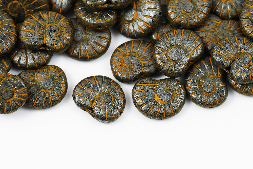 Nautilus 17×13mm Jet Silvery Gray Luster With Orange 1-Hole Czech Beads
