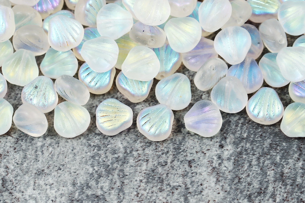 Shell 9mm Crystal AB Etched 1-Hole Czech Beads