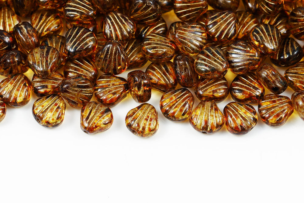 Shell 9mm Crystal Travertin With Gold 1-Hole Czech Beads