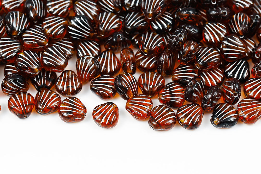 Shell 9mm Brown Stripes With Silver 1-Hole Czech Beads