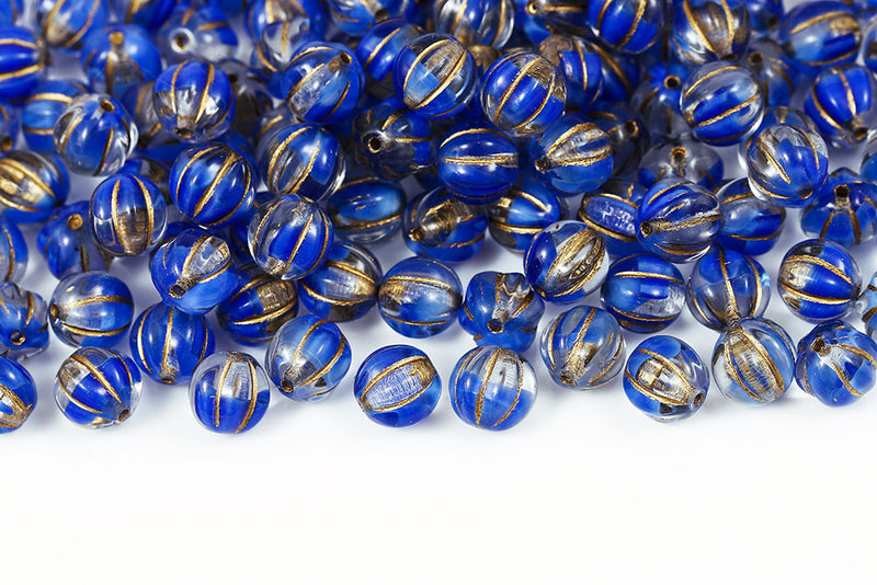 Melon 8mm Crystal Sapphire Mixed With Gold Czech Glass Beads