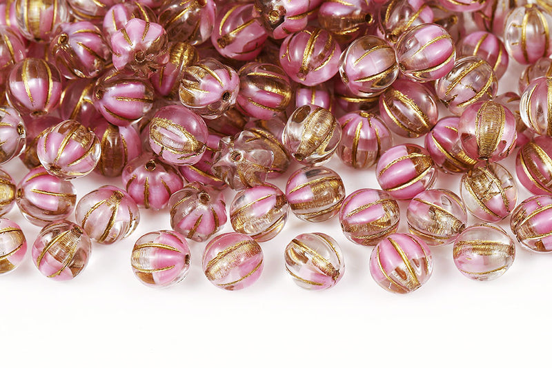 Melon 8mm Crystal Opaque Pink Mixed With Gold Czech Beads