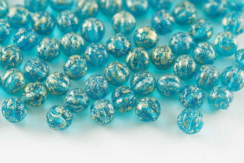 Melon 8mm Gold Splash Aqua Czech Glass Beads