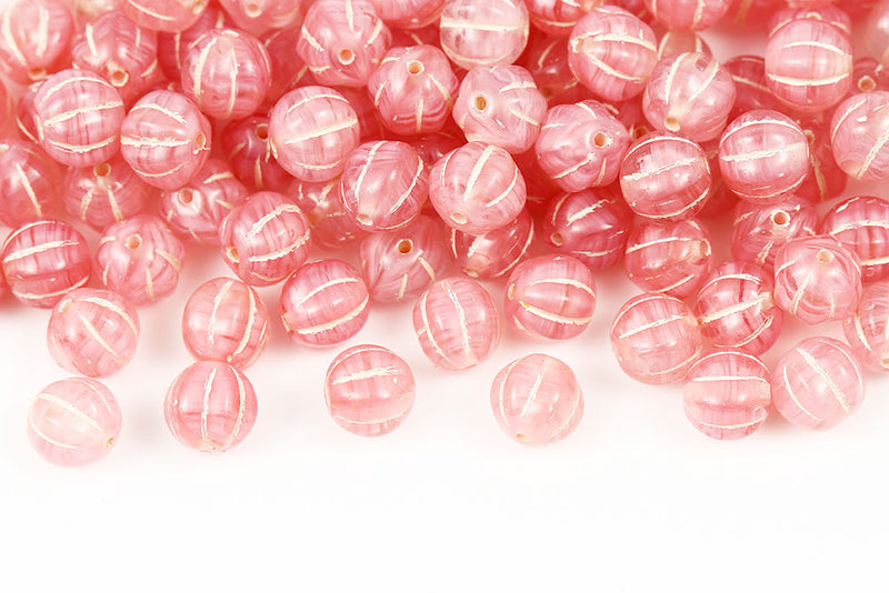 Melon 6mm Crystal Opaque Pink Mixed With Ivory Czech Beads