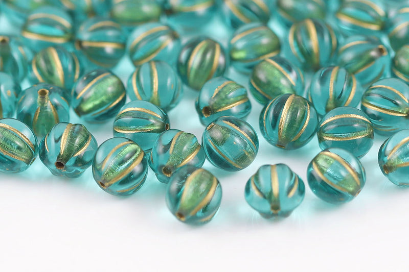 Melon 8mm Peacock Blue With Gold Czech Beads