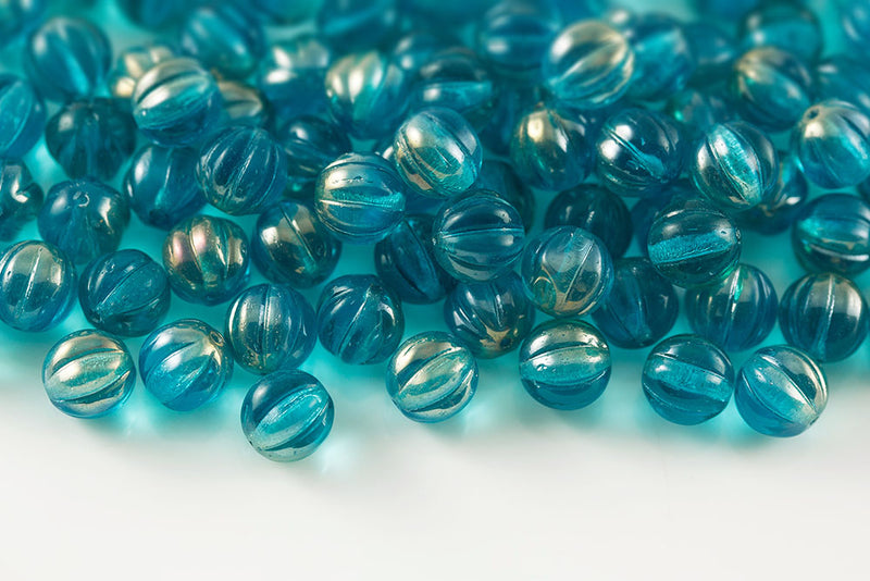 Melon 8mm Aqua Clarit Finish Czech Glass Beads
