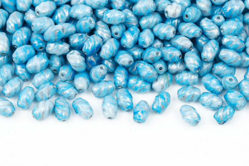 Spiral 8×5mm Chalk Aqua Mixed With Silver 1-hole Czech Beads