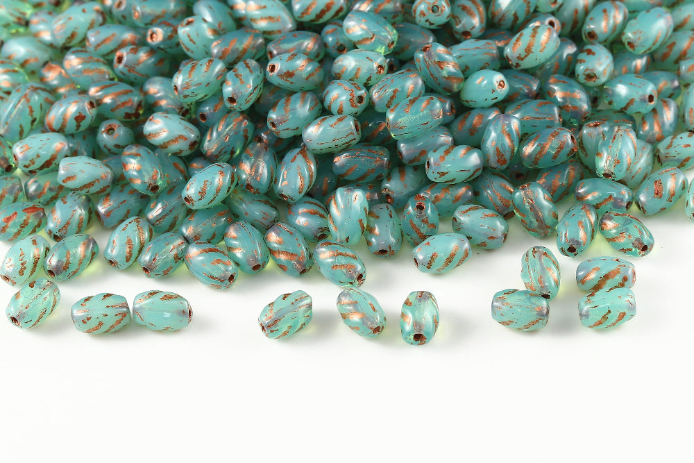 Spiral 8×5mm Opal Blue Green With Copper 1-hole Czech Beads