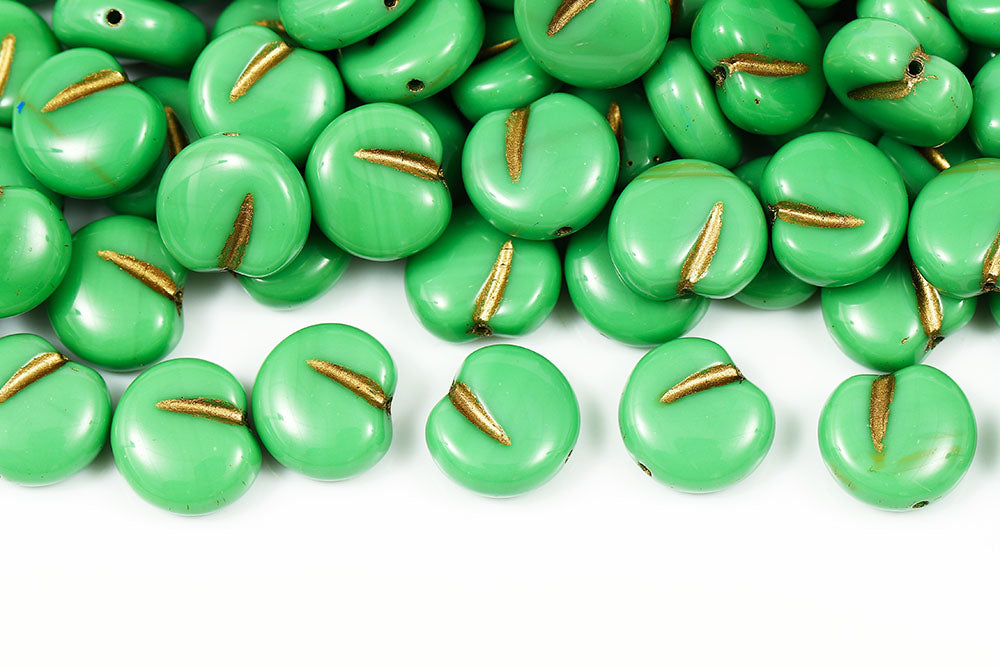 Apple 11×12mm Opaque Fruit Green With Gold 1-Hole Czech Beads