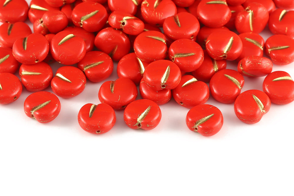 Apple 11×12mm Opaque Red With Gold 1-Hole Czech Beads