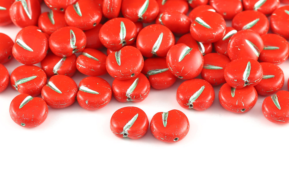 Apple 11×12mm Opaque Red With Metallic Green 1-Hole Czech Beads