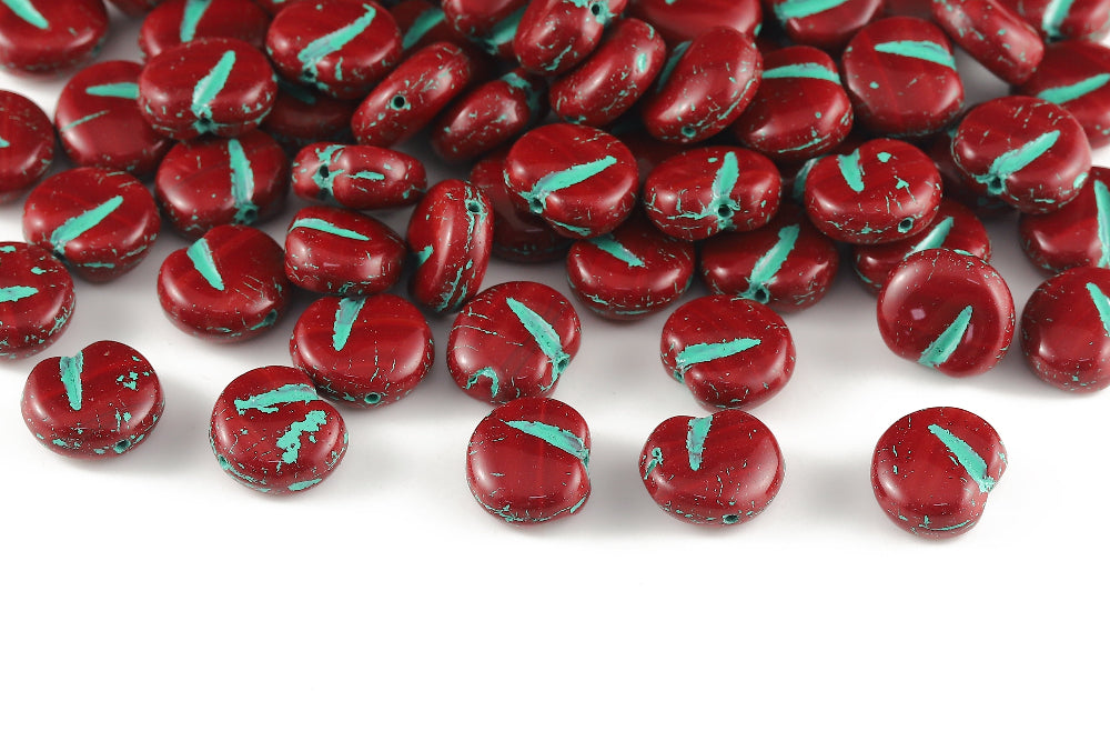 Apple 11×12mm Coral Red With Green 1-Hole Czech Beads