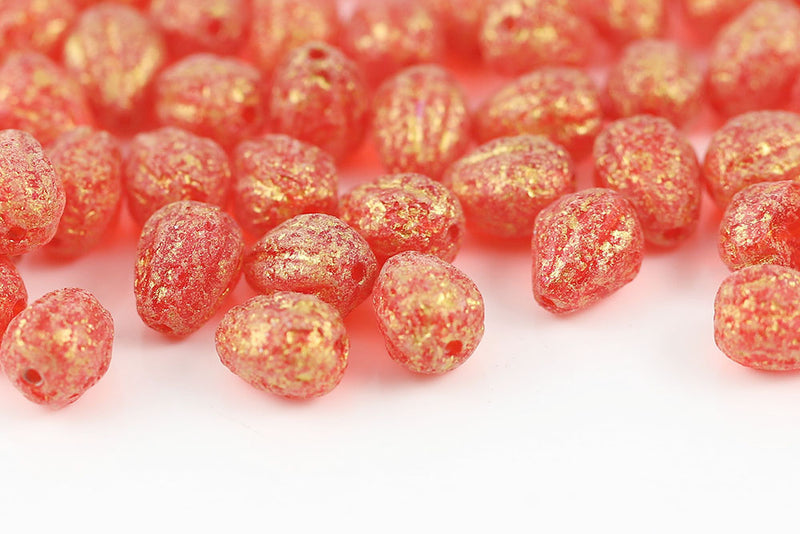 Melon Drops 11×9mm Gold Powder Hyacinth Etched Finish Czech Beads